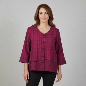 Habitat Magenta Pink & Black Plaid Textured Button-Front Asymmetrical Top XL